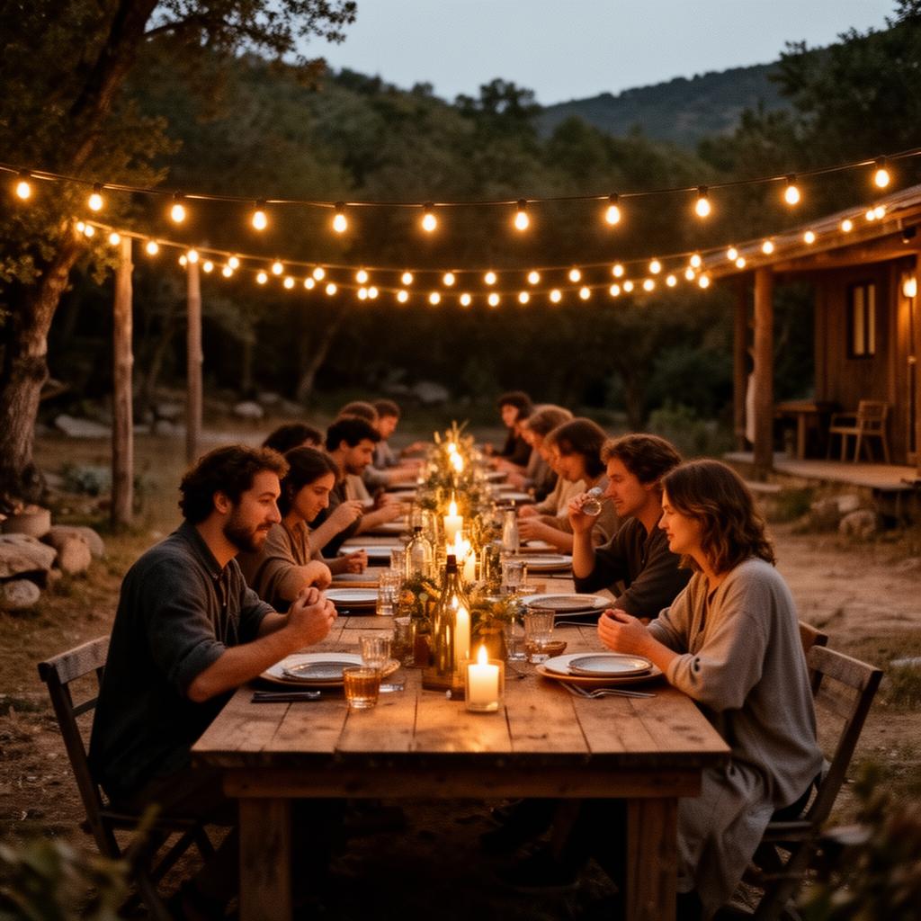 Cena comunitaria al aire libre con luces cálidas en un retiro rural