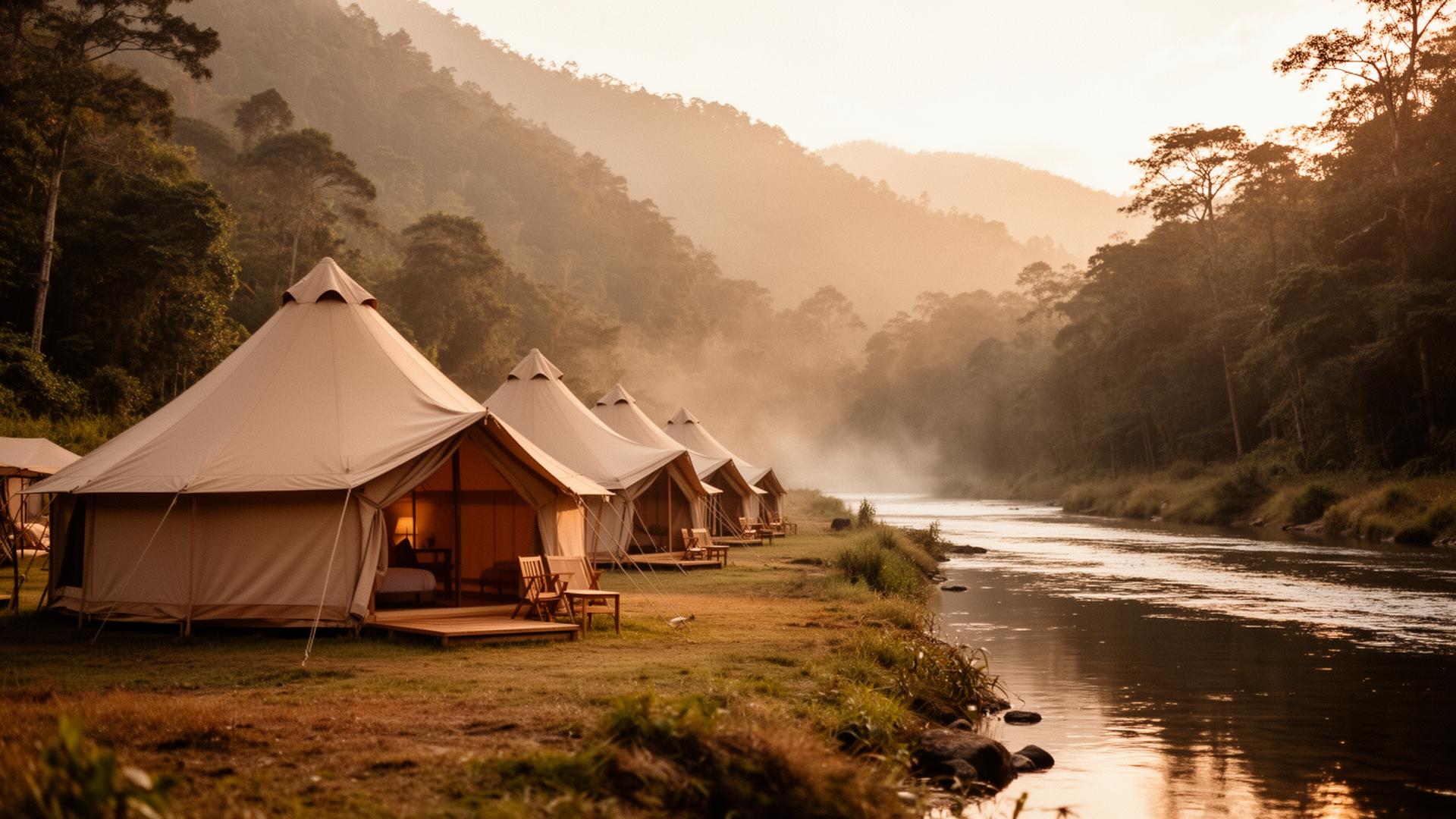 Glamping boutique junto a un río al amanecer, rodeado de naturaleza