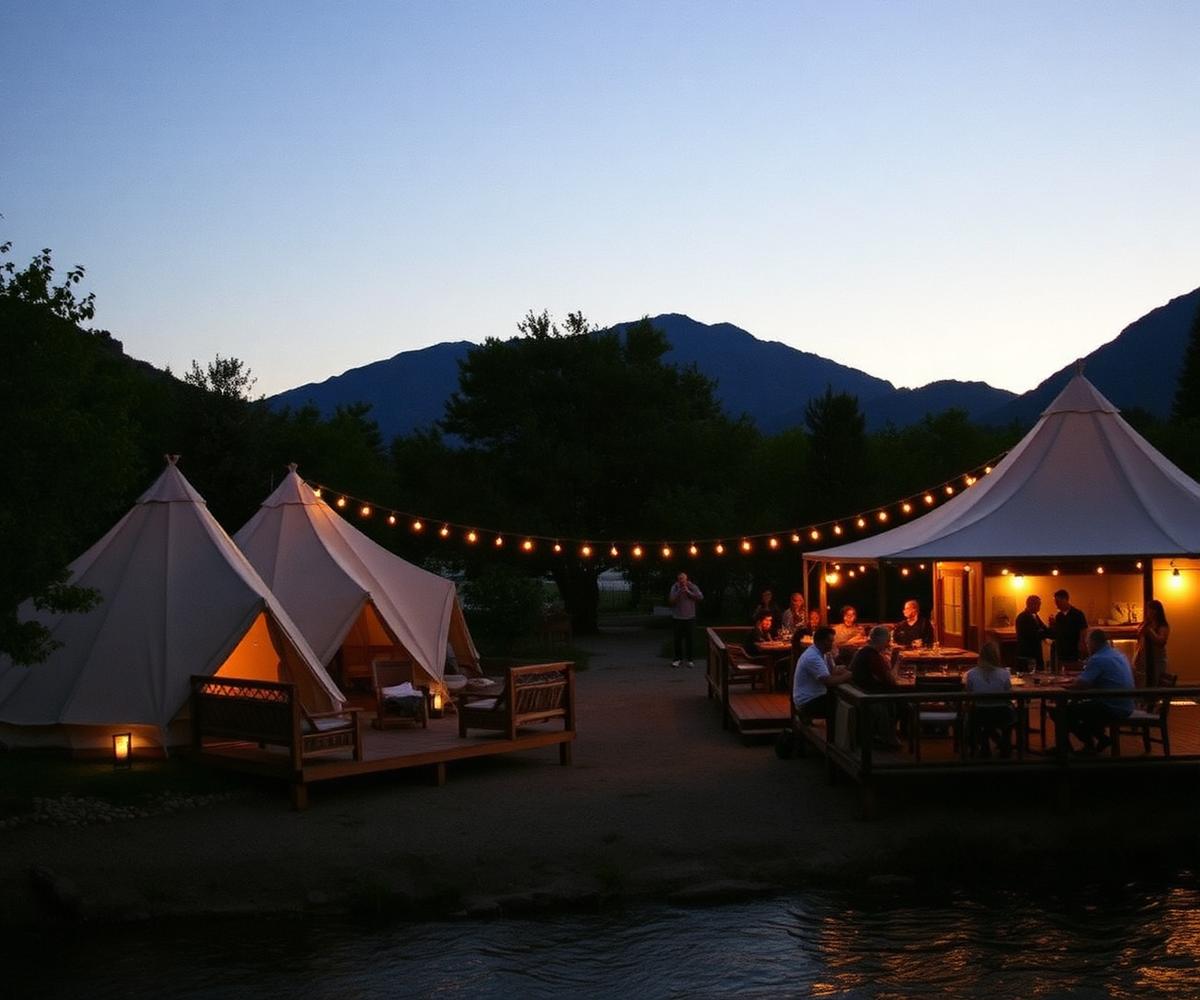 Camping con glamping junto al río al atardecer y terraza de restaurante