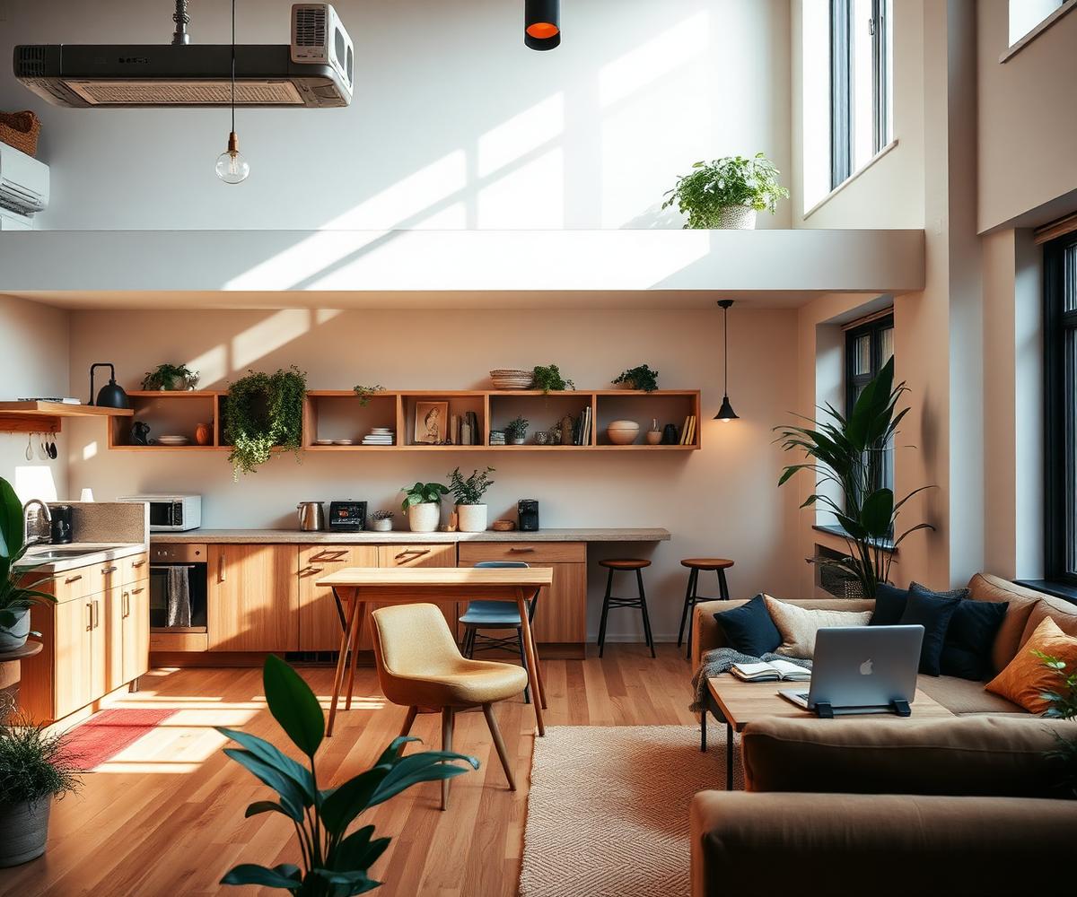 Espacio común de coliving con cocina, zona de trabajo y luz natural