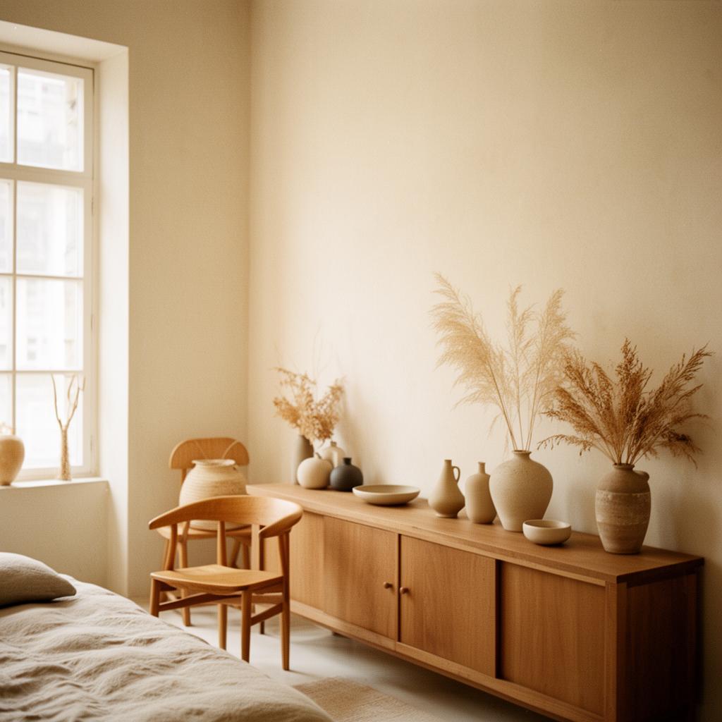 Interior boutique cálido con materiales naturales y luz suave